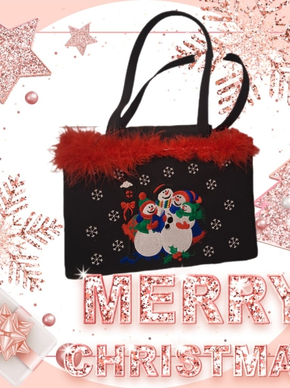 Holiday Snowman Trio Black Tote with Red Feather Trim